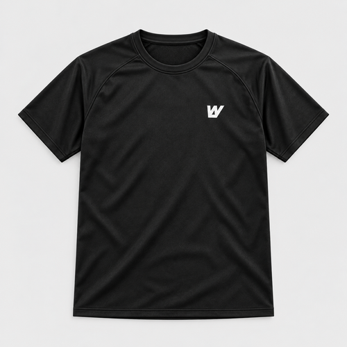 Camiseta técnica negra WalkBCN para hombre, frontal con logo W blanco. Mockup.