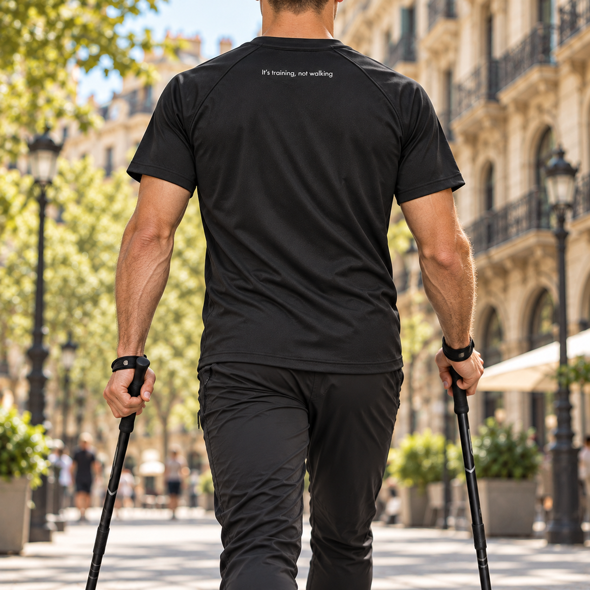 Hombre caminando con palos de marcha nórdica por Barcelona, camiseta WalkBCN vista de espaldas, sin rostro visible. Mockup.